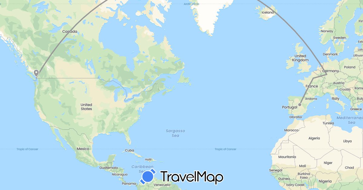 TravelMap itinerary: plane in Canada, Germany, Spain, France (Europe, North America)
